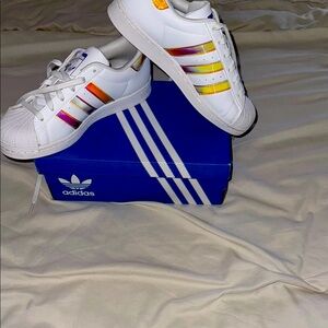 Adidas White and Gold Stripes Sneakers with Classic Shell Toe